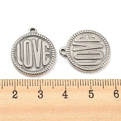 変色しない201ステンレススチールペンダント  フラットラウンド  ワード愛  ステンレス鋼色  21x18x2mm  穴：1.5mm&nbsp;STAS-G108-02