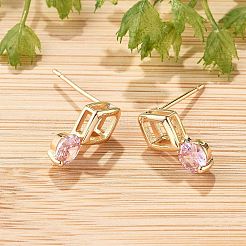 菱形とフラットラウンドい真鍮のマイクロパヴェキュービックジルコニアスタッドピアス（女性用）  カドミウムフリー＆鉛フリー  長持ちメッキ  ラックめっき  ゴールドカラー  パールピンク  13.5x7mm&nbsp;EJEW-G428-20G-04