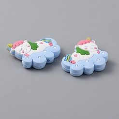 クラウドシリコンビーズ付きユニコーン  ライトスカイブルー  27x29x7.5mm  穴：2mm&nbsp;LS-SIL-SZC0001-06A