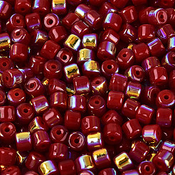 Fgb 不透明色ガラスシードビーズ  虹メッキ  丸い穴  バレル  暗赤色  4x3.5mm  穴：0.9~1mm  約3750個/ポンド&nbsp;SEED-Q040-07A-A04