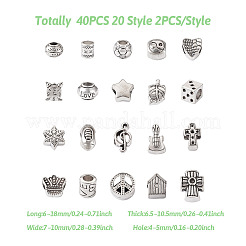 40個 20スタイル 亜鉛合金 ヨーロピアンビーズ  大穴ビーズ  混合図形  アンティークシルバー  6~18x7~10x6.5~10.5mm  穴：4~5mm  2個/スタイル&nbsp;FIND-KS0001-20