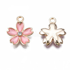 合金エナメルチャーム  クリスタルラインストーン付き  さくらの花  ライトゴールド  ライトコーラル  17x14x3mm  穴：1.8mm&nbsp;ENAM-S121-052D