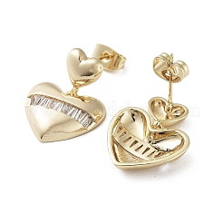 Heart Brass Dangle Stud Earrings with Cubic Zirconia&nbsp;EJEW-G371-06G