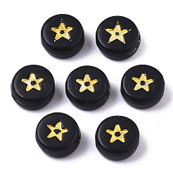 不透明なアクリルビーズ  スターとフラットラウンド  ブラック  黄金メッキ  7x4mm  穴：1.5mm&nbsp;X-PACR-N006-006A-02A