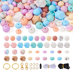 DIY キーホルダー リストレット作成キット  合金分割キーリングとクラスプを含む  プラスチック離脱クラスプ  六角＆丸＆そろばん シリコン＆ウッドビーズ  ミックスカラー&nbsp;DIY-TA0004-39