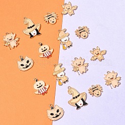 14個 7スタイル ハロウィンテーマラック メッキ 蓄光合金エナメルペンダント  暗闇で光る  ゴールドカラー  17.5~29.5x16.5~23.5x1~1.5mm  穴：1.6~1.8mm  2個/スタイル&nbsp;ENAM-FS0002-10G