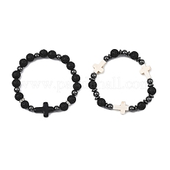 2Pcs 2 Styles Natural Lava Rock & Synthetic Turquoise & Non-magnetic Hematite Cross & Round Beaded Stretch Bracelets for Women Men&nbsp;BJEW-JB13929