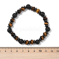 Tiger Eye with Hematite Partition and Lava Beaded Stretch Bracelets for Women Men&nbsp;BJEW-Q031-02A