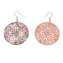 Spray Painted Stainless Steel Flat Round with Flower Dangle Earrings&nbsp;EJEW-I256-13P