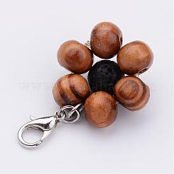 ウッドビーズペンダント  花  天然溶岩石ビーズ付き  合金カニカンクラスプ  プラチナ  38mm  穴：4mm&nbsp;HJEW-JM00203-01