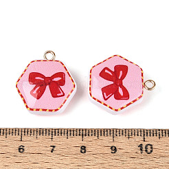 印刷されたアクリルパーツ  六角形と蝶結びのチャーム  真鍮のパーツと  ピンク  22~22.5x20x8~8.5mm  穴：2mm&nbsp;OACR-T030-45