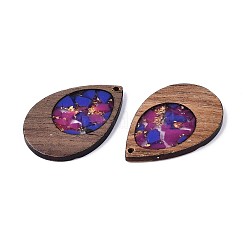 ウッド&レジンペンダント  金箔  ティアドロップチャーム  淡いバイオレットレッド  38x25.5x3mm  穴：2mm&nbsp;WOOD-H104-23-03