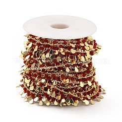 ガラスビーズのティアドロップチャームチェーン  18KGP本金メッキ真鍮カーブチェーン付き  ハンダ付け  スプールで  暗赤色  1.5mm&nbsp;CHC-A006-13G-04