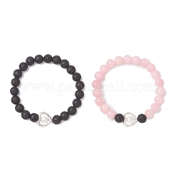 2Pcs Natural Round Pink Mashan Jade & Lava Rock Beads Stretch Bracelets&nbsp;BJEW-JB12879