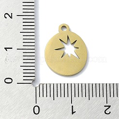 304ステンレスペンダント  レーザー切断  スターチャーム付きフラットラウンド  ゴールドカラー  15.5x12.5x1mm  穴：1.5mm&nbsp;STAS-C097-25G