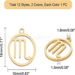 304ステンレススチールペンダント24個、24個  手動研磨  十二星座を持つリング  ミックスカラー  18x16x1.5mm  穴：1.6mm  1個/スタイル&nbsp;STAS-UN0028-44