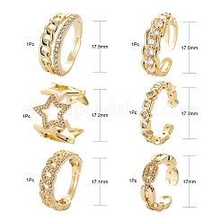 6Pcs 6 Styles Brass Micro Pave Cubic Zirconia Cuff Rings&nbsp;RJEW-LS0001-42G