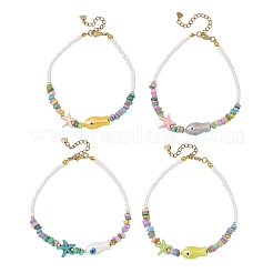Ocean Handmade Porcelain Fish & Starfish Synthetic Turquoise & Dyed Natural Shell Beaded Anklets for Women&nbsp;AJEW-AN00856