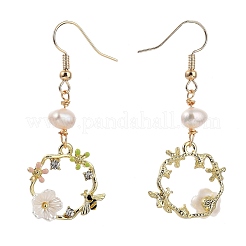ダングルピアス  真鍮製のピアスフック付き  天然パールビーズ  合金エナメルチャーム  アクリルラインストーン  花とミツバチの指輪  ゴールドカラー  カラフル  50mm  ピン：0.6mm&nbsp;X-EJEW-JE04286