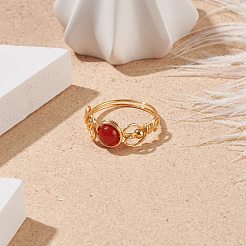 天然赤瑪瑙編組指リング  女性のための銅線ラップアクセサリー用原石ジュエリー  ゴールドカラー  usサイズ8 1/2(18.5mm)&nbsp;RJEW-TA00042-03