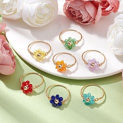 7個 7スタイルの花のガラスビーズの指輪  女性用銅線巻きリング  ゴールドカラー  内径：19~19.5mm  1個/スタイル&nbsp;RJEW-JR00710-02