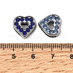 ラインストーン付きスライドチャームの合金  ハート  プラチナ  ミックスカラー  12x12x4mm  穴：8x1.6mm&nbsp;RB-NH0002-06P