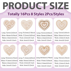16Pcs 8 Styles Unfinished Wood Heart Pendants&nbsp;WOOD-TA0002-99