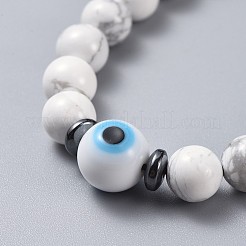 調整可能なナイロンスレッド編みビーズブレスレットセット  カップルブレスレット  ランプワークのナザールボンジュウと天然なハウライト  つや消し黒瑪瑙（染め）ビーズ  PVCチューブラバーコード  2-1/8インチ〜3-3/8インチ（5.3~8.6cm）  2個/セット&nbsp;BJEW-JB04466