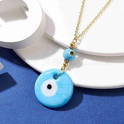 Light Sky Blue Glass Evil Eye Pendant Necklace with Alloy Cable Chains&nbsp;NJEW-JN04650-02