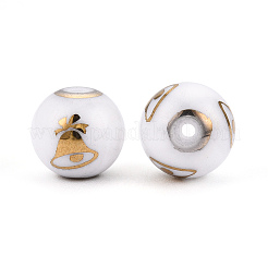 クリスマス不透明ガラスビーズ  電気めっきクリスマスベル模様とラウンドします。  黄金メッキ  10mm  穴：1.2mm&nbsp;X-EGLA-R113-06C