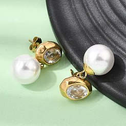304ステンレススチールパヴェクリアキュービックジルコニアスタッドピアス  オーバル  ABS樹脂製パール付きドロップピアス  ゴールドカラー  26.5x13mm&nbsp;SA-CBADCF0-01G