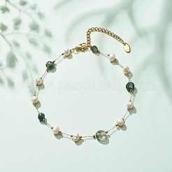 Natural Moss Agate & Pearl Beaded Anklet&nbsp;AJEW-AN00500-01