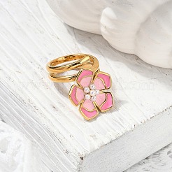 女性用フラワー 304 ステンレススチール エナメル カフ リング  プラスチック模造パールと  18KGP本金メッキ  22.5mm  usサイズ7 1/4(17.5mm)&nbsp;RJEW-Z079-01G