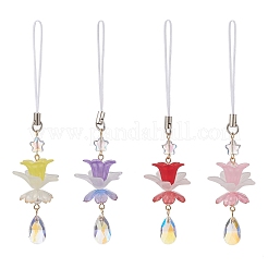 ガラスとアクリルの花のペンダント装飾4個  ナイロンストラップ付き  ミックスカラー  120~122mm&nbsp;HJEW-TA00432