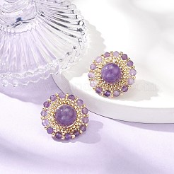 天然アメジストとシードの編み込みフラワースタッドピアス  24mm&nbsp;EJEW-MZ00075