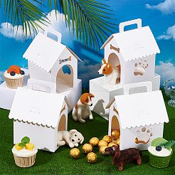取っ手と窓付きの紙製ギフト包装箱  ペットの犬のパーティー用  家の形  ホワイト  10x12x18cm&nbsp;CON-WH0095-186
