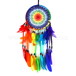 Polyester Thread Woven Net/Web with Feather Pendant Decoration&nbsp;HJEW-PW0001-037