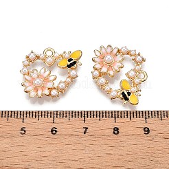 メッキ合金エナメルチャームラック  ABSの模造パールと  カドミウムフリー＆ニッケルフリー＆鉛フリー  ライトゴールド  花と蜂のチャームが付いたハート  ミックスカラー  19x20x4mm  穴：1.8mm&nbsp;ENAM-N056-407