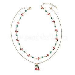 Brass Enamel Red Cherry Pendant 304 Stainless Steel Double Layered Necklaces for Women&nbsp;NJEW-JN05763