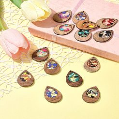 14個7色のクルミ材樹脂ペンダント  グリッターパウダー付き  染色されていない  ティアドロップチャーム  ミックスカラー  38x25.5x3mm  穴：2mm&nbsp;WOOD-FS0001-31