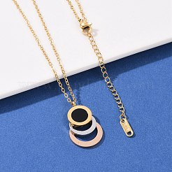 304ステンレススチールローマ数字3リングペンダントネックレス  黒いプラスチック  ゴールド＆ステンレス鋼色のバラ  18.27インチ（46.4cm）&nbsp;NJEW-V001-06P-02
