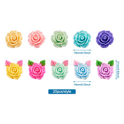 不透明な樹脂カボション  バラと葉のある花  ミックスカラー  19x8mm  200個/箱&nbsp;CRES-PJ0001-01