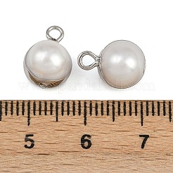 天然真珠のラウンドチャーム  真鍮パーツ  ホワイト  プラチナ  12~12.5x8.5x8.5~10mm  穴：1.8mm&nbsp;KK-D423-08P