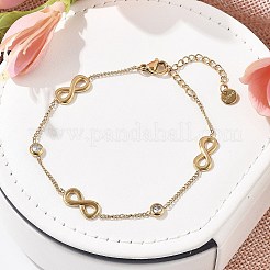 304ステンレススチールカーブチェーンブレスレット  クリアキュービックジルコニア  18KGP本金メッキ  無限大  9-1/8インチ（23cm）&nbsp;BJEW-C089-04A-G