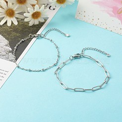 Tarnish Resistant 304 Stainless Steel Paperclip & Satellite Chains Bracelet Set&nbsp;BJEW-JB06524