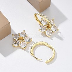 花の形のクリアキュービックジルコニアフープピアス  ラックメッキ真鍮ダングルイヤリング女性用  長持ちメッキ  鉛フリー＆カドミウムフリー  18KGP本金メッキ  24mm  ピン：0.8mm&nbsp;EJEW-F310-03G