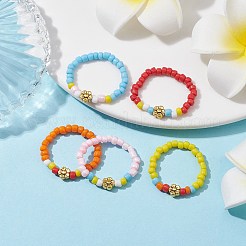 不透明色ガラスシードビーズストレッチリング  女性用フラワー合金ビーズ付き  ミックスカラー  3.5mm  内径：usサイズ9 3/4（19.5mm）&nbsp;RJEW-JR00659