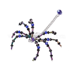 ハロウィーンテーマのスパイダーガラスペンダント  304ステンレススチールチェーン付き  プラチナ  ブルー  95x76x20mm  穴：2mm&nbsp;PALLOY-JF02882-02