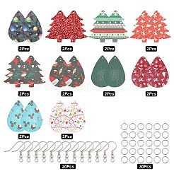 クリスマスをテーマにしたDIYイヤリング作りキット  ツリー＆ティアドロップPUレザービッグペンダントを含む  真鍮のピアスフック  プラチナ  ペンダント：20個/箱&nbsp;DIY-SC0014-35P