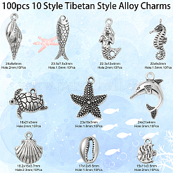 100個10スタイルチベットスタイル合金チャーム  鉛フリー＆カドミウムフリー  タツノオトシゴ＆カメ＆魚＆イルカ＆人魚＆貝殻  アンティークシルバー  15~24x7.5~21x3~6mm  穴：1.5~3mm  10個/スタイル&nbsp;TIBEP-CJ0001-36